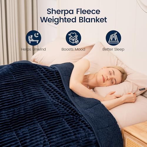 Image of Sherpa Fleece Weighted Blanket with Ribbed Stripes for Adults, 17 lbs Dual Sided Cozy Warm Blanket for Couch Full Size Bed, Glass Beads Heavy Thick Blankets Great for Sleep, Navy Blue, 60 inch x 80 inch