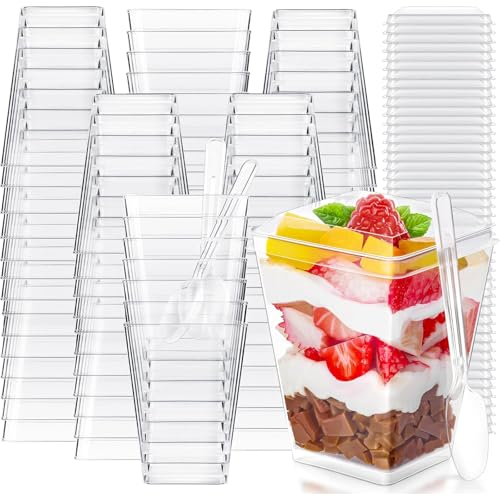 AUTOWNLUX 50 Stück Dessertgläser Plastik mit Deckel und Löffeln, 5oz/160ml Dessertbecher Wiederverwendbar, Quadratischer Plastikbecher für Dessert Pudding Mousse Eiscreme Party