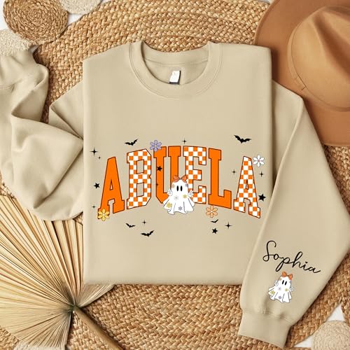 Personalized Halloween Grandma Sweatshirt with Grandkids Name on Sleeve, Retro Spooky Boo Mom Sweater4