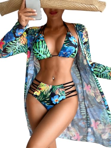 Women's 3 Piece Tropical Bikini Set with Mesh Coverup, Sexy Crisscross Cutout Swimsuits for Pool Party