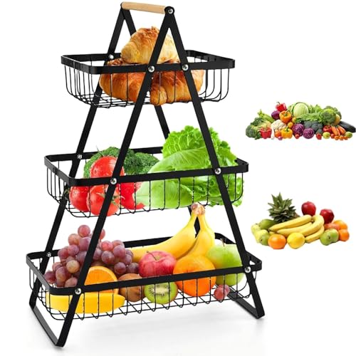 Cesto di frutta a 3 livelli da bancone per frutta e verdura, con manico in legno, ciotola per frutta a più livelli organizer da cucina per pane, verdura, frutta, snack, cipolla e patate