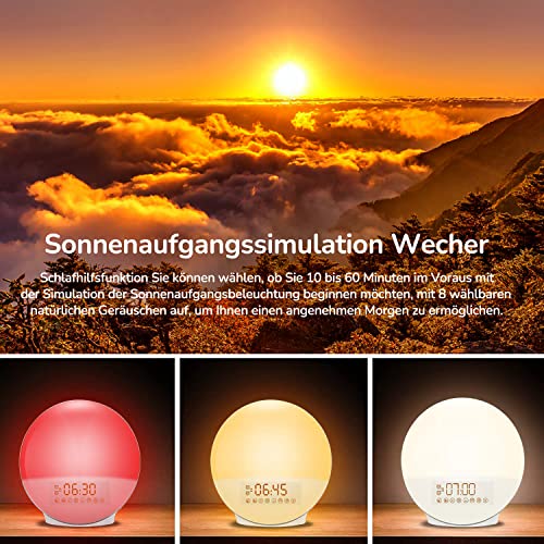 Wake Up luce sveglia – Cadrim Radiosveglia al tramonto con doppia sveglia, 7 suoni naturali & radio FM & funzione Snooze per adulti e bambini - Image 4