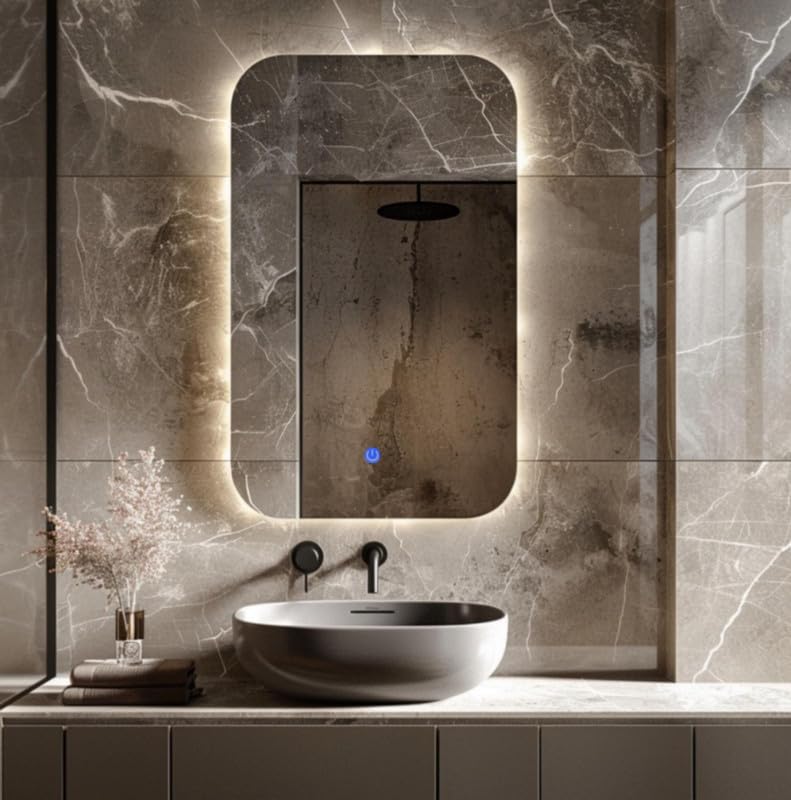 MIRROROLOGY INDUSTRY 18x24 Inch Rounded Rectangle Wall Mounted LED Mirror Modern Design with Smart Touch Sensor and 3 Light Modes (Warm, Natural, White) Ideal for Bathroom, Vanity & Bedroom Use-image-32