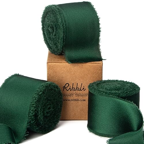 Ribbli Forest Green Silk Satin Ribbon 1.5 Inch x 30 Yard Handmade Frayed Chiffon Forest Green Ribbon for Gift Wrapping Wedding Invitations Bridal Bouquets Home Decor