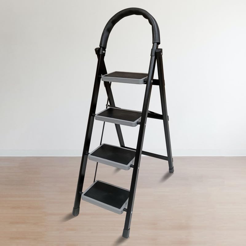 Image of TNT The Next Trend 4 Step Steel Step-Ladder for Home | Heavy Duty Foldable Ladder with Wide Ant-Slip Steps and Anti-Skid Shoes - Black