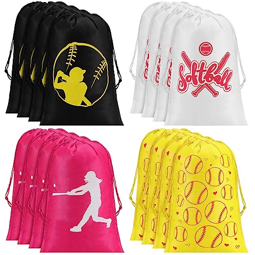 16 Pcs Softball Party Favor Bag Kids Drawstring Softball Bag, Non Woven Goodie & Treat Pack for Ball Themed Birthday Sports Party Gift, 12.6 x 8.7 Inches