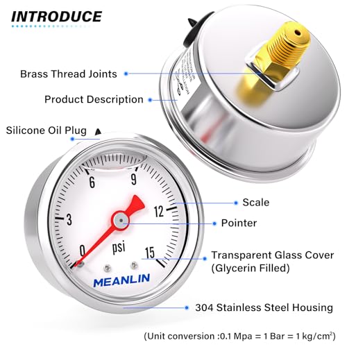 Image of MEANLIN MEASURE 2pcs 0~15Psi Stainless Steel Liquid Filled, 1 /8 inch NPT 1.5 inch Glycerin Filled Pressure Gauge, Water Oil Air, Back Mount with 1 /8 inch x 1 /4 inch NPT and 3 /8 inch NPT Hex Bushing
