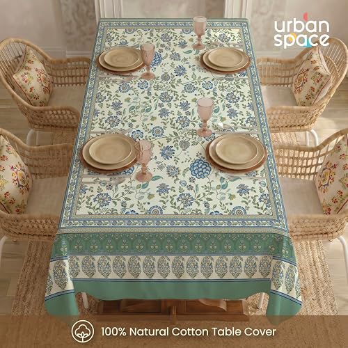 Image of Urban Space 100% Cotton Dining Table Cover 6 Seater, Jaipuri Handblock Cotton Table Cloth for Center Table, Dining Room Table Cover (Size 48 inch x 92 inch - 6 Seater, Gulbagh Sage Green)