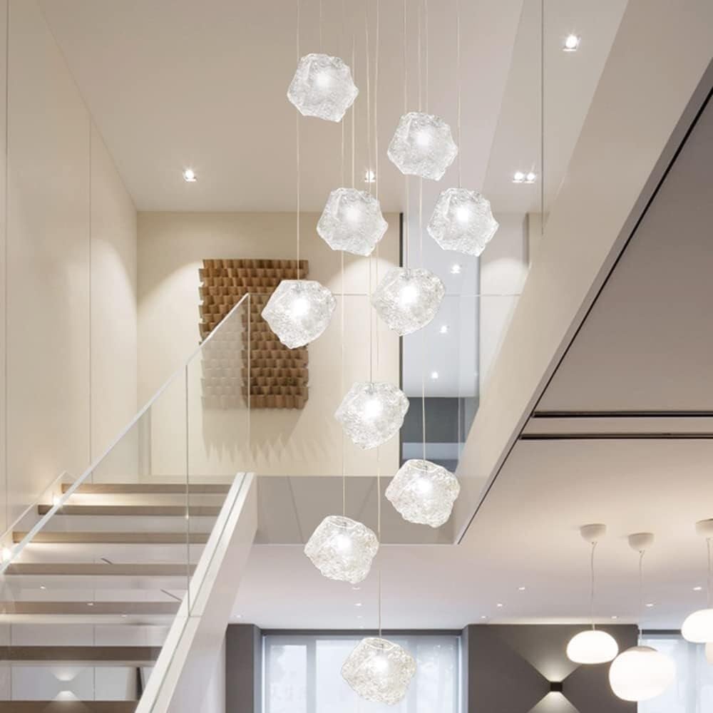 PCXEHUYP Modern Chandelier Simple Spiral Staircase Led High Ceiling Chandeliers Pendant Light Fixtures Bubble Crystal Transparent Raindrop Lampar Foyer Chandel