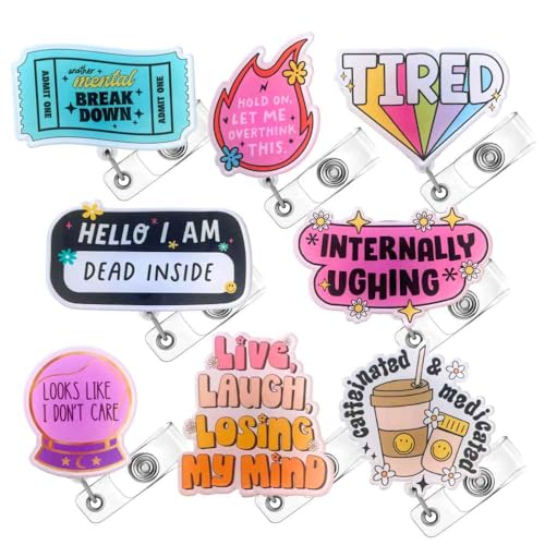 YJ PREMIUMS 8PC Funny Fun Cool Cute Humor Badge Reel Retractable ID Name Tag Holders | Holder Lanyard Clip for Nurse Medical Assistant Nursing Nursery Office Work Coworker Employee Student Gifts