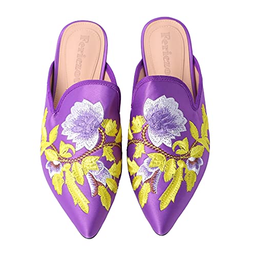 Image of Fericzot Women's Velvet Backless Pointed Toe Slip On Loafers Flats Embroidery Mule Slippers Shoes