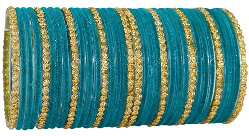Image of NMII Premium Glass & Golden Beads Velvet Bangle Set For Women and Girls | Velvet Chudi | Traditional Chudi Set | Designer Girl's Bangles Bracelet | Wedding, Party, Festive, Daily- Set of 34