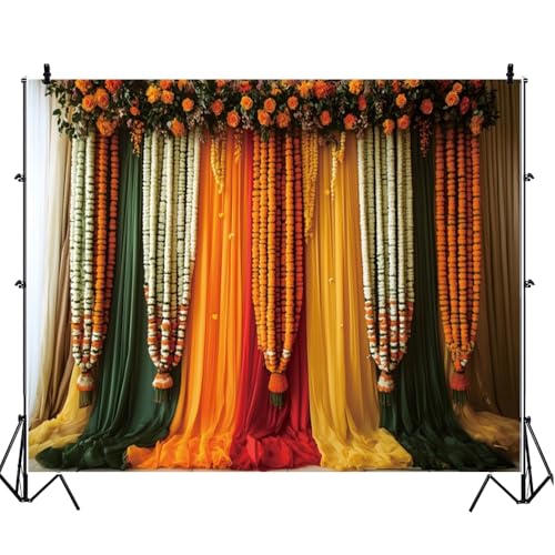 Image of 10x8ft India Pooja Traditional Backdrop Colorful Curtains Floral Indian Photography Background Puja Ganpati Mehndi Diwali Party Decorations for Wedding Birthday Festival Photo Props