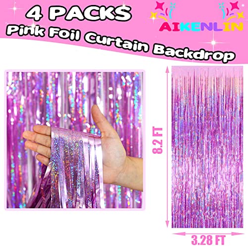 Image of 4 Pack 3.2Ft x 8.2Ft Pink Foil Fringe Curtain Backdrop, Metallic Tinsel Foil Fringe Streamers Curtains Background for Photo Booth, Birthday, Wedding, Disco, Bachelorette, Christmas Party Decoration