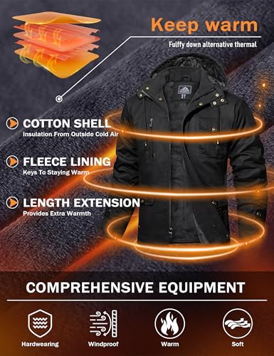 MAGCOMSEN Parka Herren Winterjacke Winddichte Gefüttert Winter Warme Fleece Cargo Jacke Stehkragen Übergangsjacke mit Abnehmbarer Kapuze Schwarz S