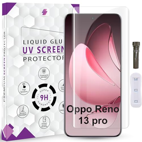 Image of Advanced HD+ UV Tempered Glass Screen Protector For Oppo Reno 13 Pro 5G (6.83 Inch, Pack of 1) Full Adhesive UV Curved Screen Guard, Case Friendly with installation kit & Guide
