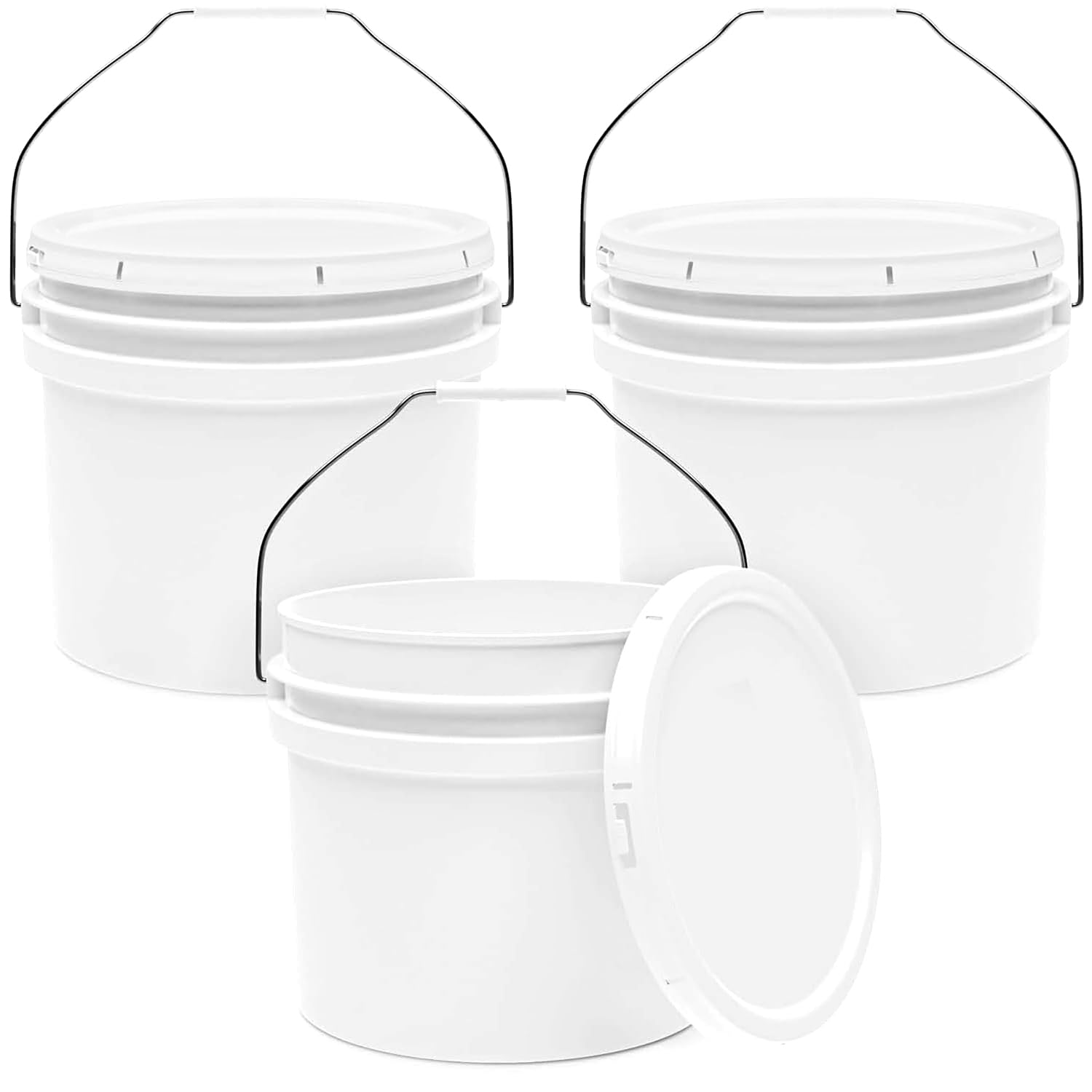3.5-Gallon White Bucket Pail Container with Lid | Food Grade | Heavy-Duty Approx 90 MIL Extra Durable | Metal Handles with Plastic Grip | Multi-Use | Easy Stack and Store | BPA Free - 3 Pack