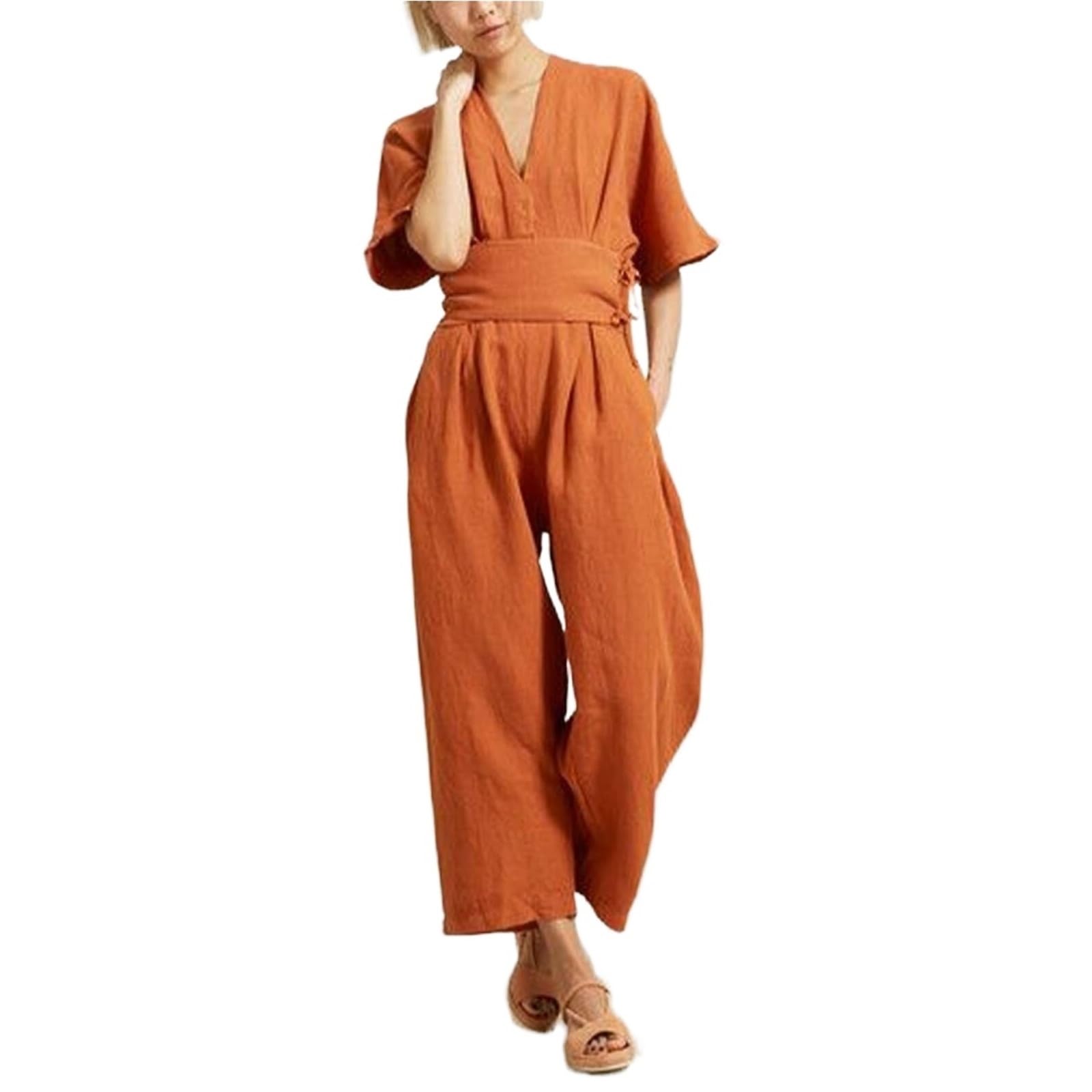 Tuta Intera in Lino da Donna Tute in lino di cotone for donna Pantaloni dritti Cintura vintage con scollo a V Pagliaccetto ampio Tuta casual da spiaggia