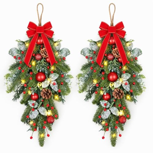 2 PCS 24" Artificial Christmas Teardrop Swag Norfolk Pine Teardrop Door Swag Xmas Cedar Swags Wreath with Berry Pinecone for Front Door Winter Cabinet Mantle Fireplace Wall Indoor Outdoor Home Decor