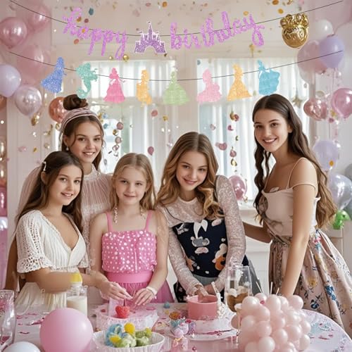 Image of Princess Birthday Banner Decorations - Pink Happy Birthday Garland Glitter Bunting for Girls Coquette Birthday Party Decorations Favor Supplies