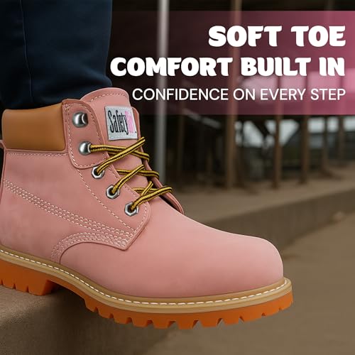 Image of Safety Girl Steel Toe Boots for Women - Pink - 7M | Water Resistant Women's Fusion Work Boots | Leather Work Boots | Rugged Goodyear Welt Construction | Oil Resistant Outsoles & Cushioned Insoles