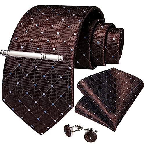 Image of DiBanGu Plaid Ties for Men Silk Checkered Necktie and Pocket Square Cufflinks Tie Clip Set with Gift Box for Wedding Business