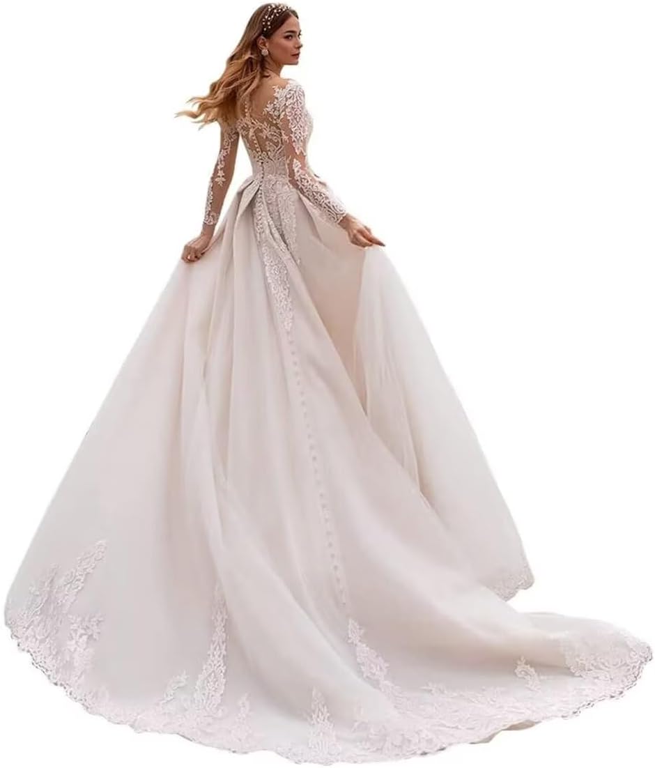 Women's Lace Wedding Dresses for Bride 2026 Long Sleeve Satin Mermaid Chiffon Bridal Gown with Slit