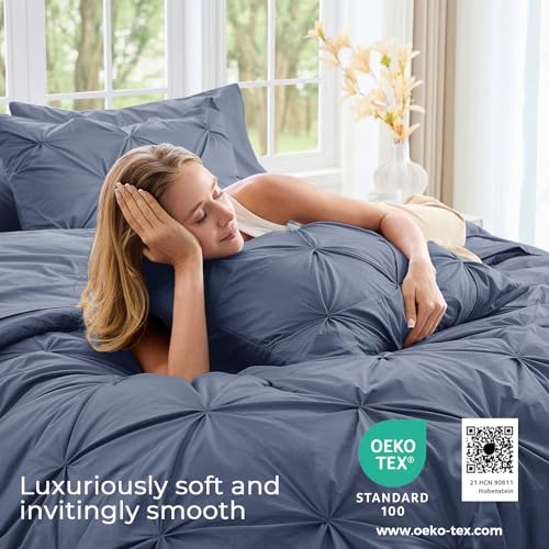 Image of Sasttie Full Size Comforter Set, 7-Piece Bed in a Bag Double, Pintuck Bedding Set for All Season, Includes Comforter, Flat Sheet, Fitted Sheet, Pillowcases and Pillowshams, Indigo Blue
