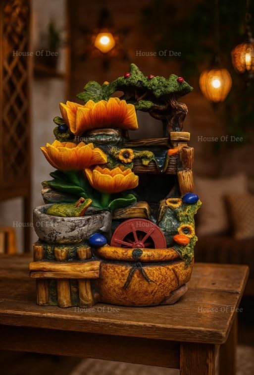 Resin Beautiful 3 Steps Flower Designer Showpiece Water Fountain Waterfall Indoor Outdoor Multicolor 35.5 x 25 x 21cm Cm-image-21