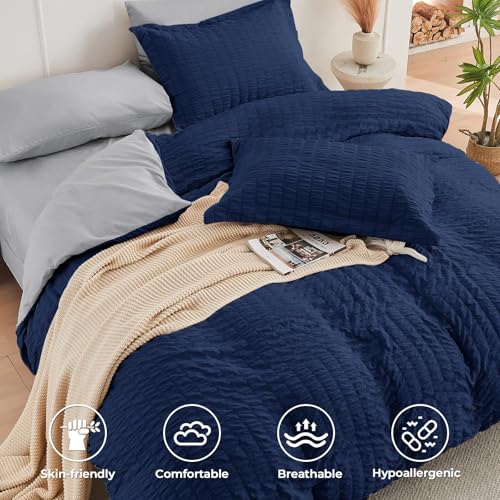 Image of HYMOKEGE Navy Blue /Light Grey King Size Comforter Set Seersucker 7 Pieces, All Season Luxury Bed in a Bag for Bedroom, Bedding Set with Comforter, Sheets, Pillowcases & Shams