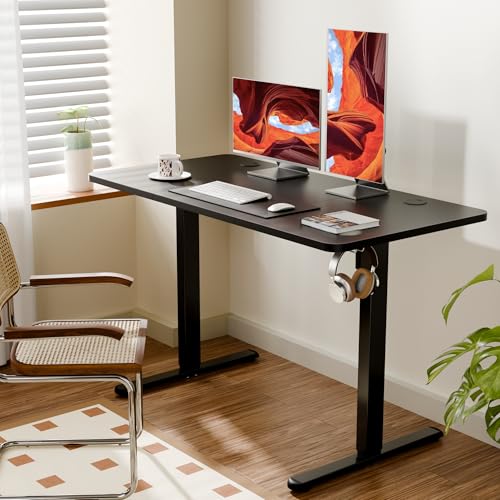 Image of ERGOMAKER Electric Standing Desk 120x60cm (47.2 inchx23.6 inch), Height Adjustable Sit Stand Desk with Splice Board for Home Office, Computer Desk Memory Preset (Black Frame + Black Desktop)