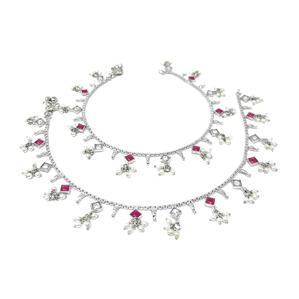 Traditional Indian Anklet Payal Sets for Women, Silver-Tone Chain Designs with Soft Bells, Pearls, Enamel, and Bead Charms, Easy-to-Wear S-Hook Clasp, Bridal Wedding Party Dance Jewelry