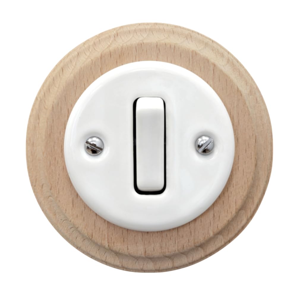 Porcelain White Rocker Light Switch with Light Wood Frame – 1-Gang, 2-Way Flush Mounted Ceramic Wall Switch, Vintage Slim Design, CE Certified, Retro Cottage Style