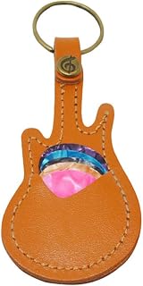 Milisten 1Set Guitar Pick Holder Leather Keyring Keychain Case Mini Guitar Shape Plectrum Case Bag with 5Pcs Plectrums (Khaki)