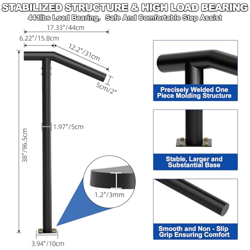 1-2 Step Single Post Handrail-Outdoor Stair Rail- Single Post Wrought Iron Handrail with DIY Tool Kit, 38" H Black Hand Rail Powder Coating for Concrete Steps or Wood Stairs by Vlaeng - Image 5