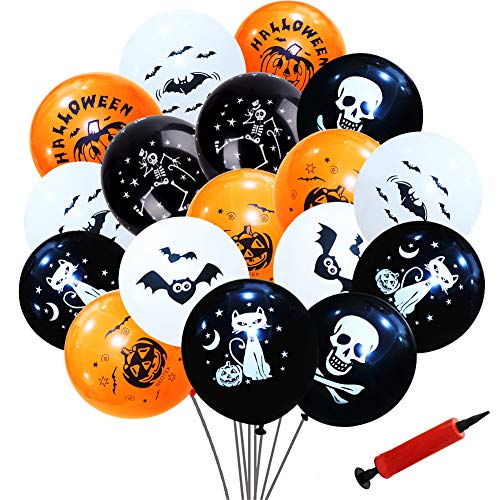Halloween Balloons Decorations,Simuer 100 Pieces 12'' Pumpkin Skeleton Bat Specter Latex Balloons with a Air Pump for Halloween Party Supplies