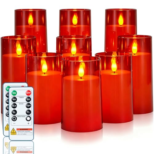 Image of Homemory Christmas Red Flickering Flameless Candles, Battery Operated Acrylic LED Pillar Candles with Remote Control and Timer, Set of 9
