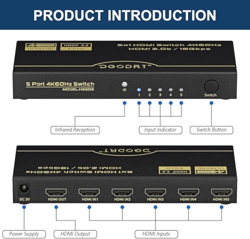 HDMI Switch 5 in 1 Out 4K@60Hz, DGODRT 5 Port HDMI Switcher Selector Box with Remote and Auto Switch, Support 3D HDR10 HDCP2.2, 5x1 Game Switcher Hub Compatible with PS5 Xbox Switch Roku Fire Stick - Thumbnail 4