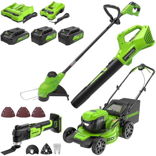 Image of Greenworks 48V (24V x 2) All-in-One Cordless Combo - 20 inch Lawn Mower, 12 inch Trimmer, 320 CFM Blower & Multi-Tool