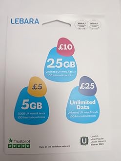 Lebara Pay As You Go SIM Card 3-in-1, Prepaid Plans from £5 to £25, 5GB, 25GB or Unlimited Data, UK Minutes & Texts and 100 International Minutes, 4G/5G Ready