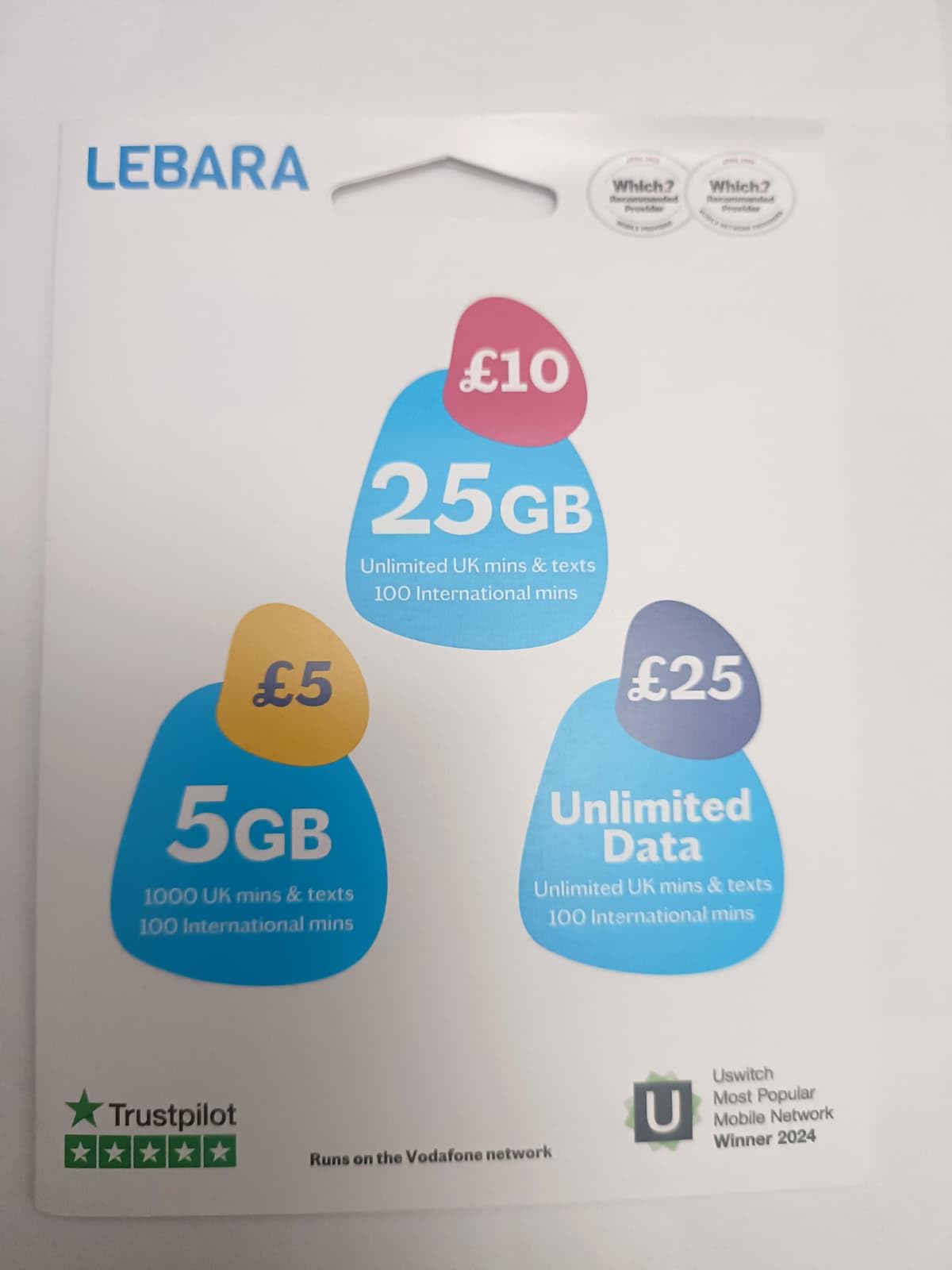 ZIDIOR Lebara Pay As You Go SIM Card 3-in-1, Prepaid Plans from £5 to £25, 5GB, 25GB or Unlimited Data, UK Minutes & Texts and 100 International Minutes, 4G/5G Ready