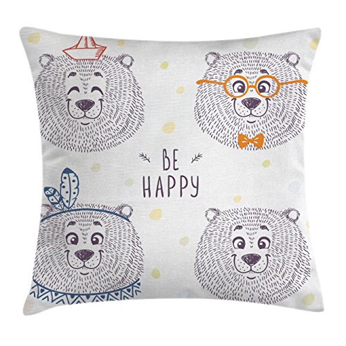 Lunarable Cartoon Throw Pillow Cushion Cover, Themed Bear in Styles with Sketchy Hand Drawn Image Art, Decorative Square Accent Pillow Case, 40