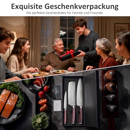 PAUDIN Messerset, Küchenmesser Set 3-tlg aus hochwertigem Carbon Edelstahl, Ultra Scharfes Messer set mit Chefmesser Hackmesser Allzweckmesser, Profi Kochmesser mit Pakkaholz Griff 6