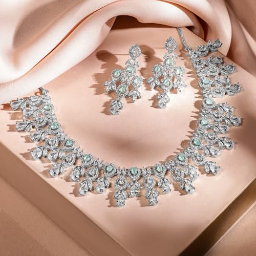 Image of Rubans Necklace Set American Diamond Zirconia Studded Traditional Jewellery Gift for Women & Girls