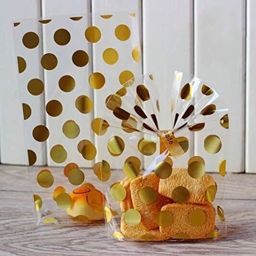 200 Pack Gold Polka Dot Candy Cookie Bags with Golden Twist Ties, 8.1 x 5 x 1.8 inch Clear Plastic Bags for Cookies Candy Snack Wrapping Wedding Gift Party Favor,Valentine'day(8.1X5, Gold)