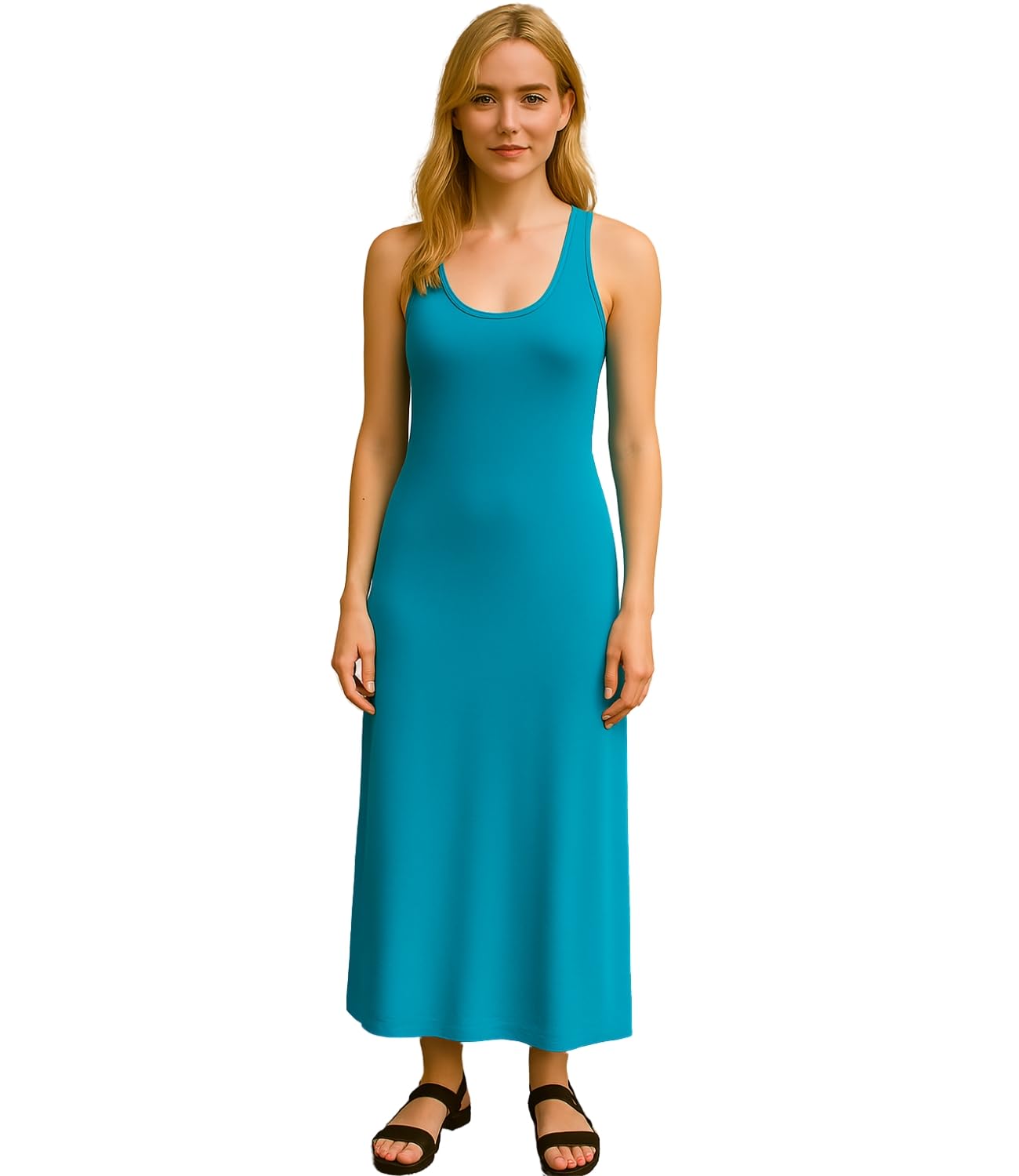 Women's Racer Back Maxi Dress Ladies Full Length Jersey Long Vest Muscle Sleeveless Dress Plus Size Turquoise