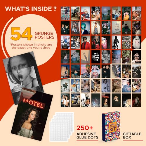Image of CodersParadise Grunge Wall Collage Kit - 54 PCS Aesthetic Goth Posters (4x6 Inch) | Vintage Dark Academia Wall Art for Bedroom, Dorm, Living Room & Office | Premium Cardstock Prints with Glue Dots