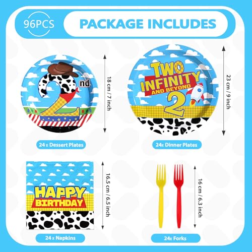 image for Greencian 96 Pcs Toy Cartoon Story 2nd Birthday Party Supplies Two Inf