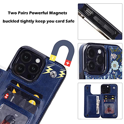 Image of uCOLOR Compatible with iPhone 13 Pro Max 6.7 inch Wallet Case with Card Holder Slot Folio Flip PU Leather Kickstand Double Magnetic Clasp and RFID Blocking Design Cover 13PM 6.7 Inch (Navy Flowers)