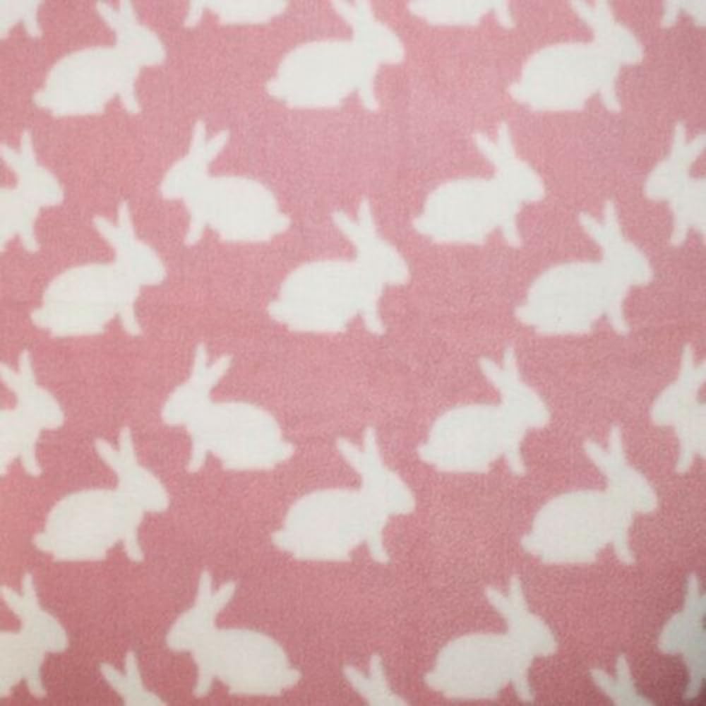 Printed Polar Anti Pil Fleece Fabric White Bunny Rabbits Bunnies Cute Animals 150cm Wide (Price Per Metre) (Pink)